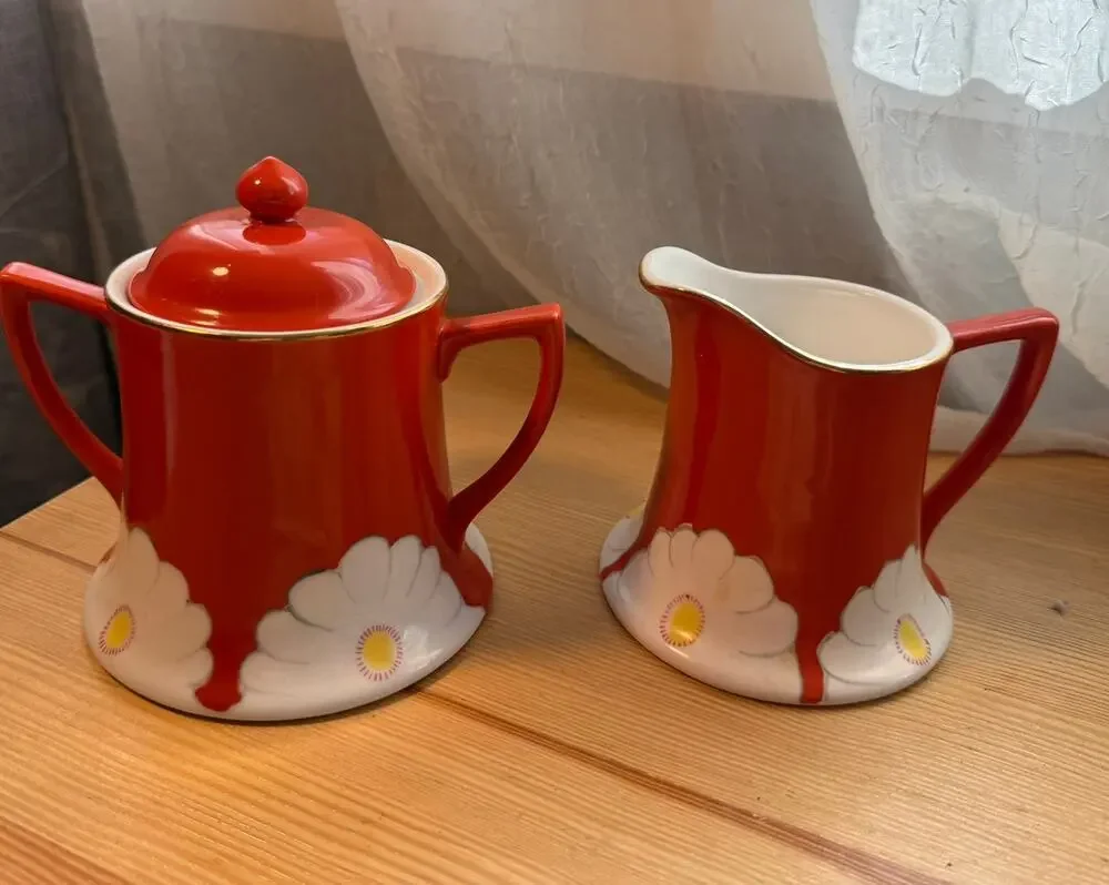 Anthropologie Grace Sugar & Creamer Set Red Floral Ceramic